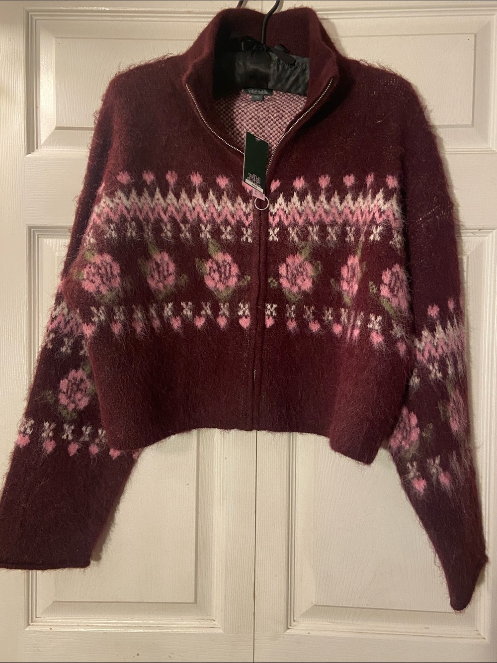 Wild Fable NWT Fuzzy Fair Isle Floral Full Zip Boxy Sweater Burgundy Pink L